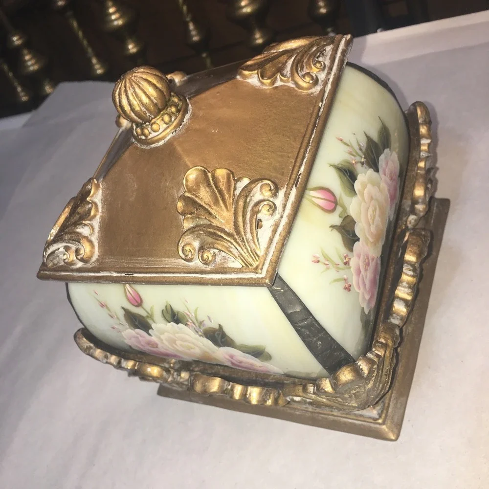 VTG Storage Box Or Tea Lite Holder With Handpainted Roses Cottage Shabby Chic